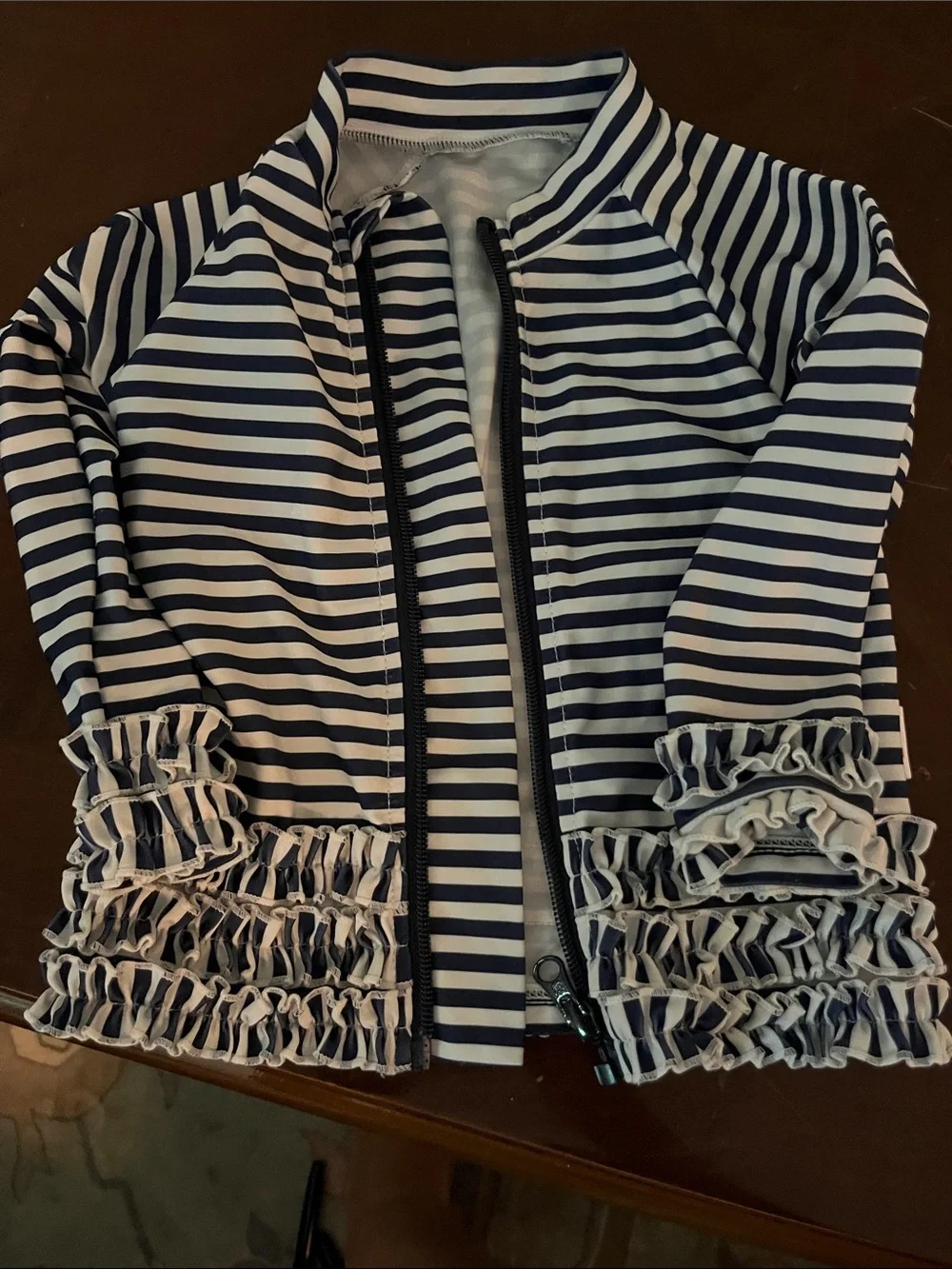 Girls Navy & White Striped Ruffle Hem swim zip